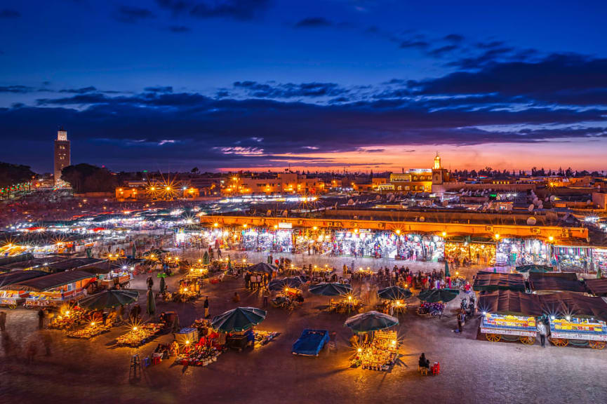 Jemaa-el Fna night market in Marrakesh, Morocco.